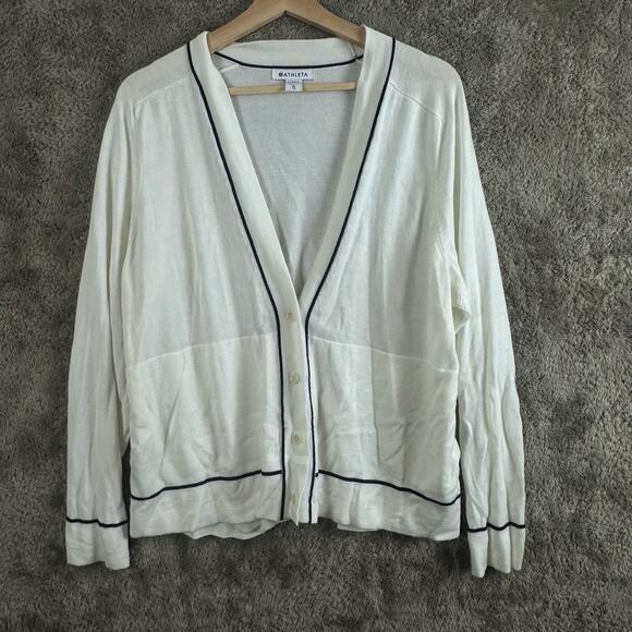 Athleta Lightweight Collegiate White Blue Stripe Boyfriend Cardigan Sweater XL - Picture 2 of 9